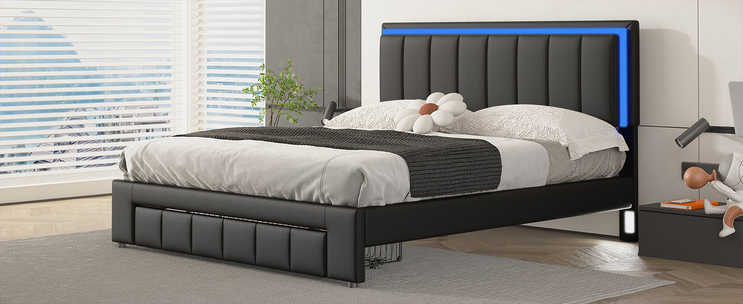 Upholstered Platform Bed with LED Lights and Two Motion Activated Night Lights,Queen Size Storage Bed with Drawer, Black