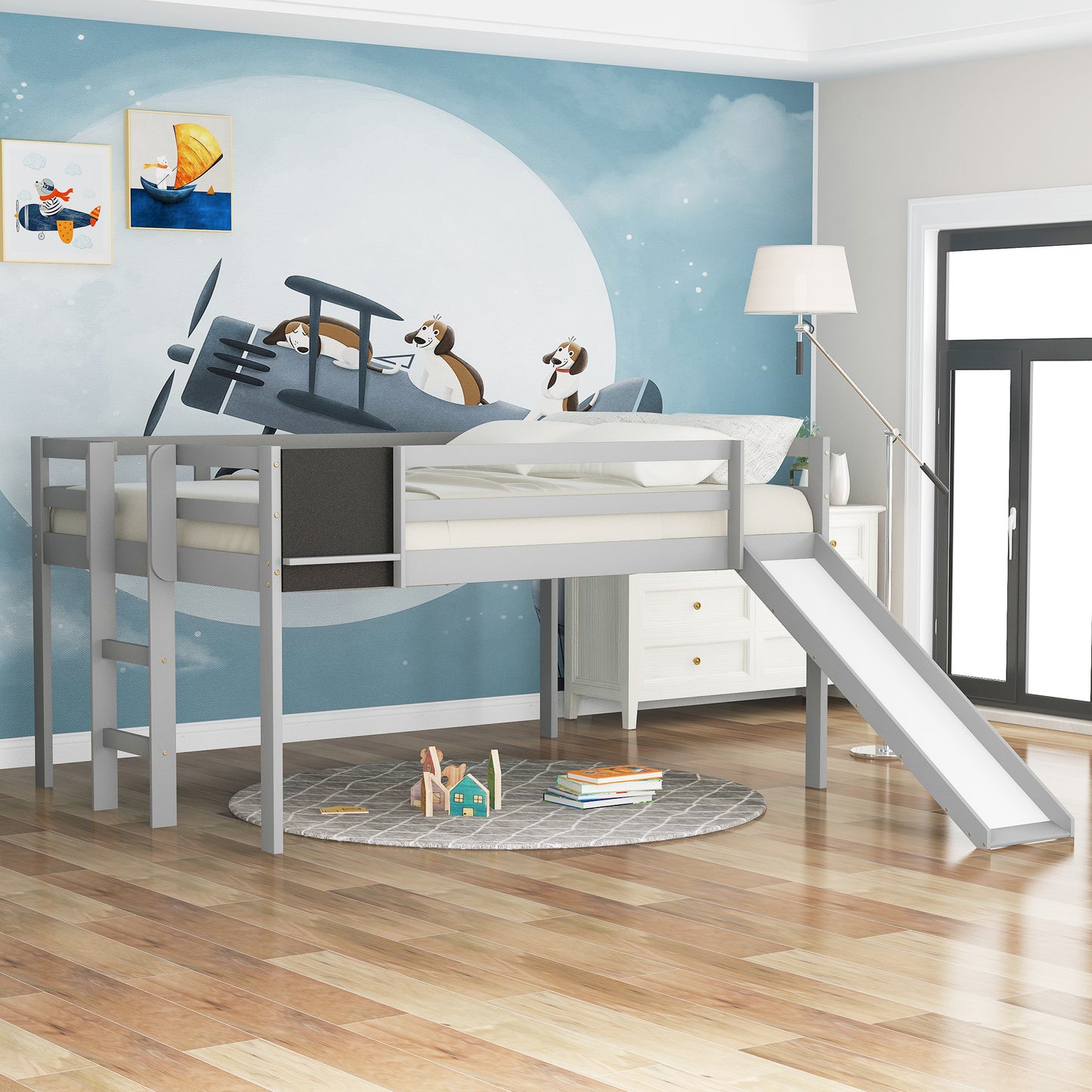 Full size Loft Bed Wood Bed with Slide, Stair and Chalkboard,Gray（Old SKU:WF282116AAE）