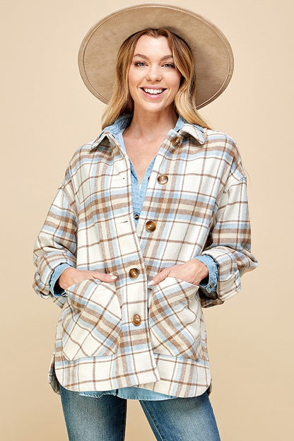 PLAID BUTTON DOWN SHACKET WITH TWO POCKET