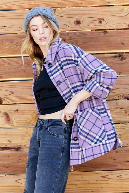 PLAID BUTTON DOWN SHACKET WITH TWO POCKET