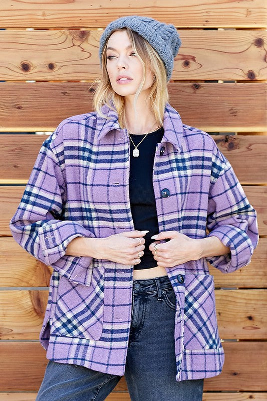 PLAID BUTTON DOWN SHACKET WITH TWO POCKET