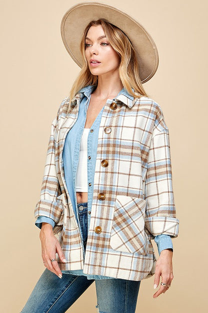 PLAID BUTTON DOWN SHACKET WITH TWO POCKET