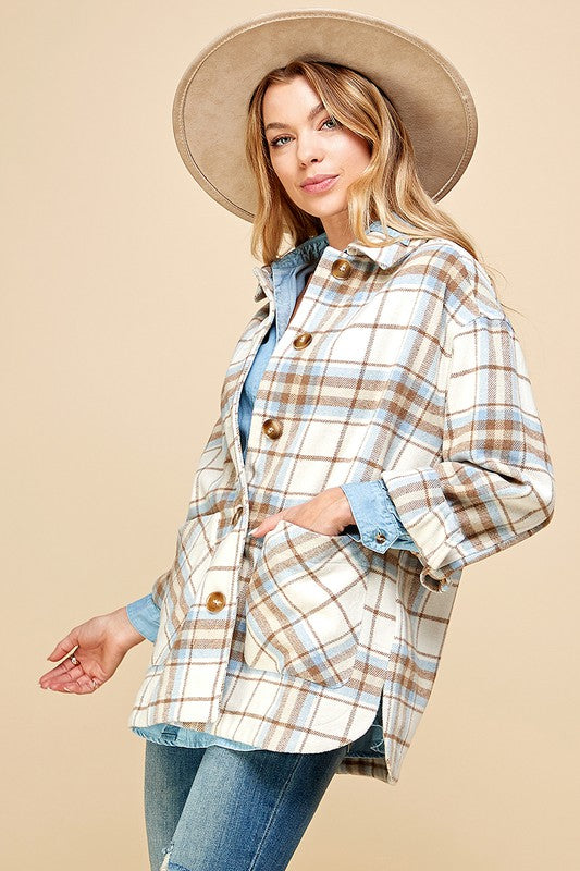 PLAID BUTTON DOWN SHACKET WITH TWO POCKET