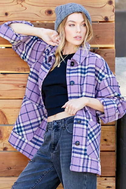 PLAID BUTTON DOWN SHACKET WITH TWO POCKET