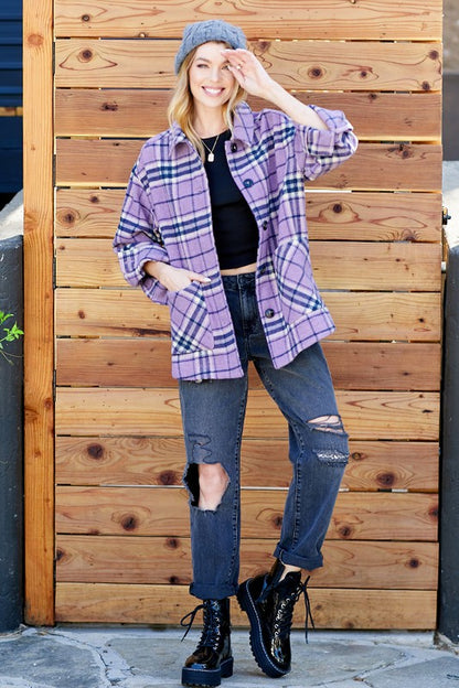 PLAID BUTTON DOWN SHACKET WITH TWO POCKET