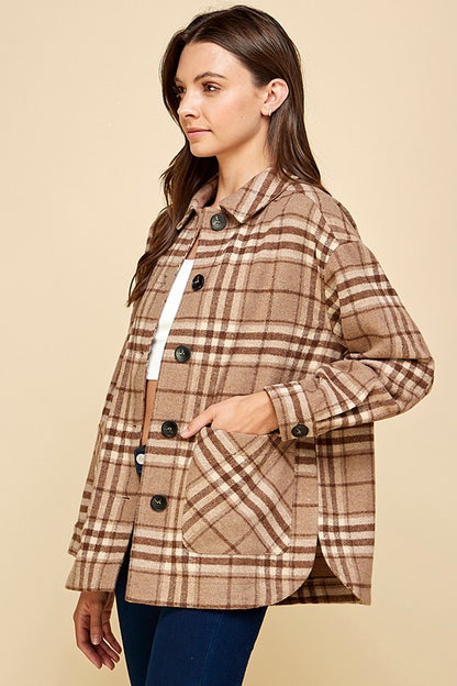 PLAID BUTTON DOWN SHACKET WITH TWO POCKET