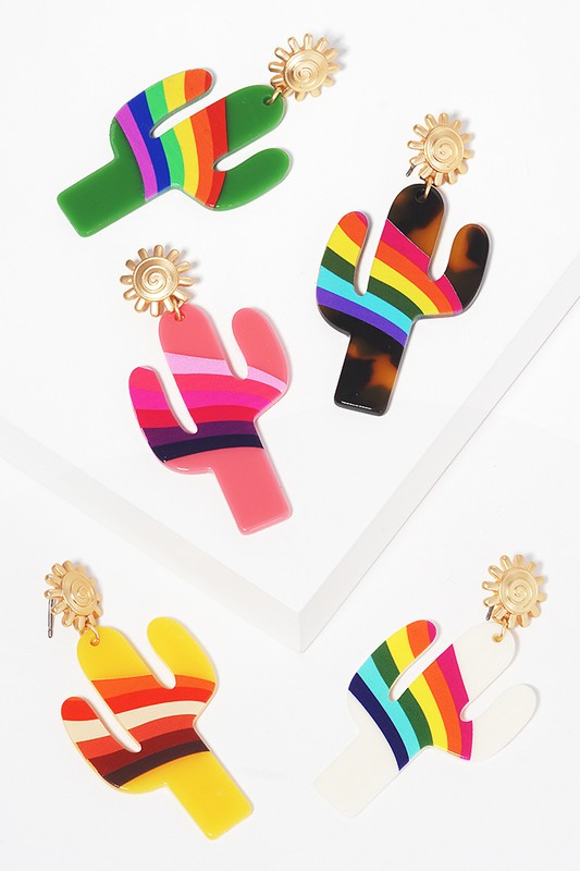 Cute Rainbow Cactus Dangle Earrings