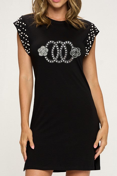 Cap Sleeve Pearls Graphic Dress