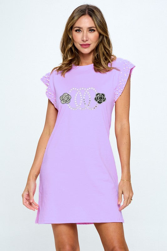 Cap Sleeve Pearls Graphic Dress