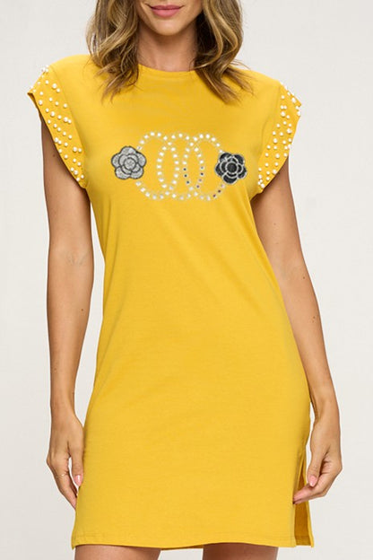 Cap Sleeve Pearls Graphic Dress