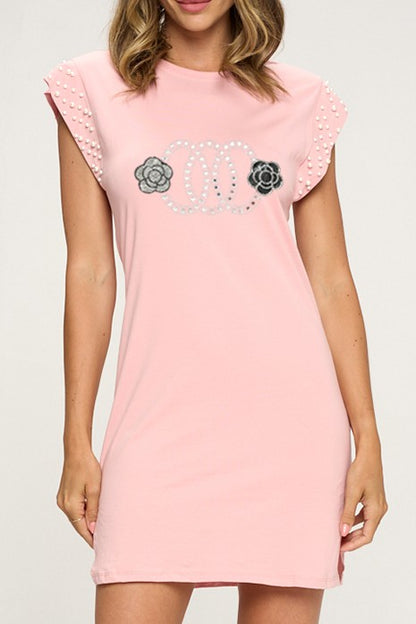 Cap Sleeve Pearls Graphic Dress