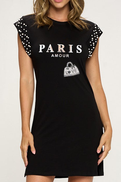 Cap Sleeve Pearls Graphic Dress