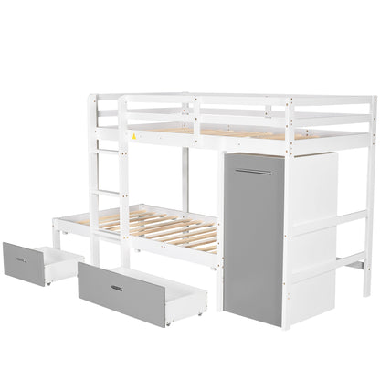 Twin over Twin Bunk Bed with Built-in Storage Wardrobe and Two Drawers, White