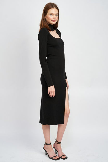 MOCK NECK MIDI DRESS WITH SLIT