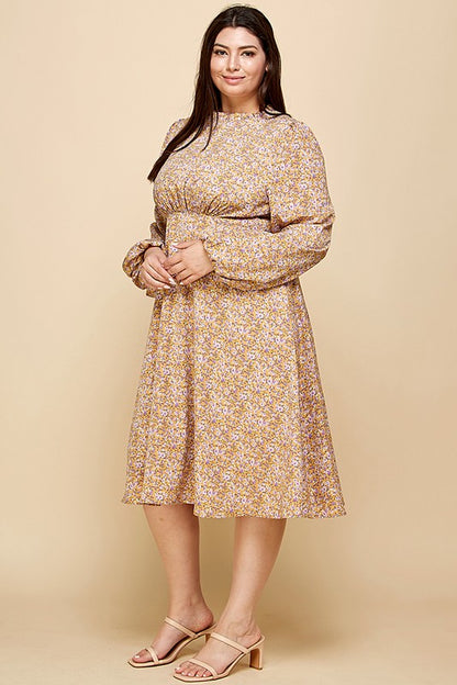 DITSY PRINT MOCK NECK RUFFLED MIDI DRESS