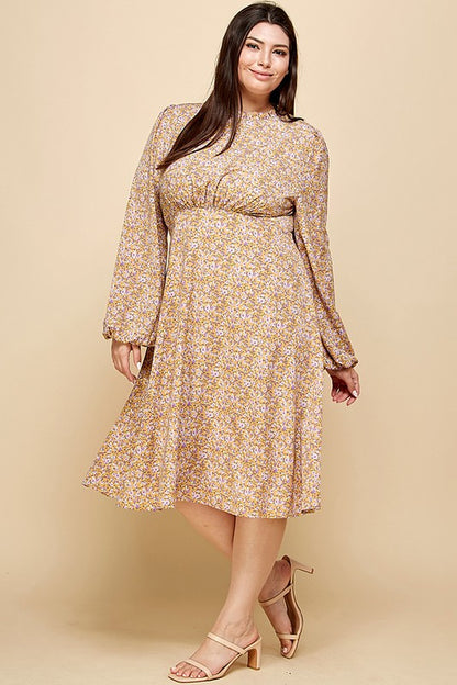 DITSY PRINT MOCK NECK RUFFLED MIDI DRESS