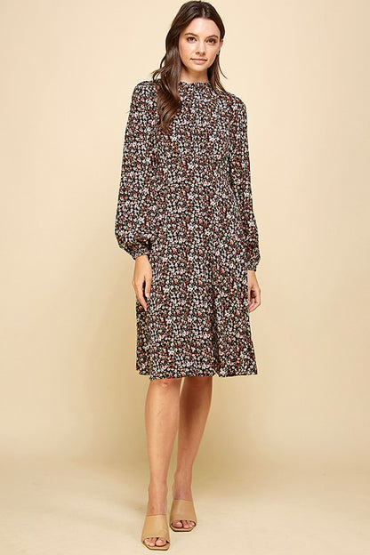 DITSY PRINT MOCK NECK RUFFLED MIDI DRESS