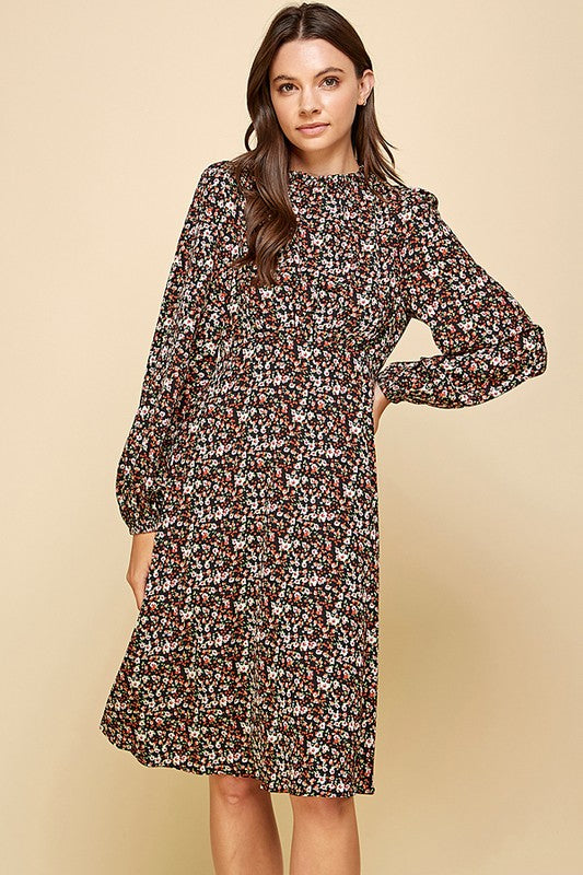 DITSY PRINT MOCK NECK RUFFLED MIDI DRESS