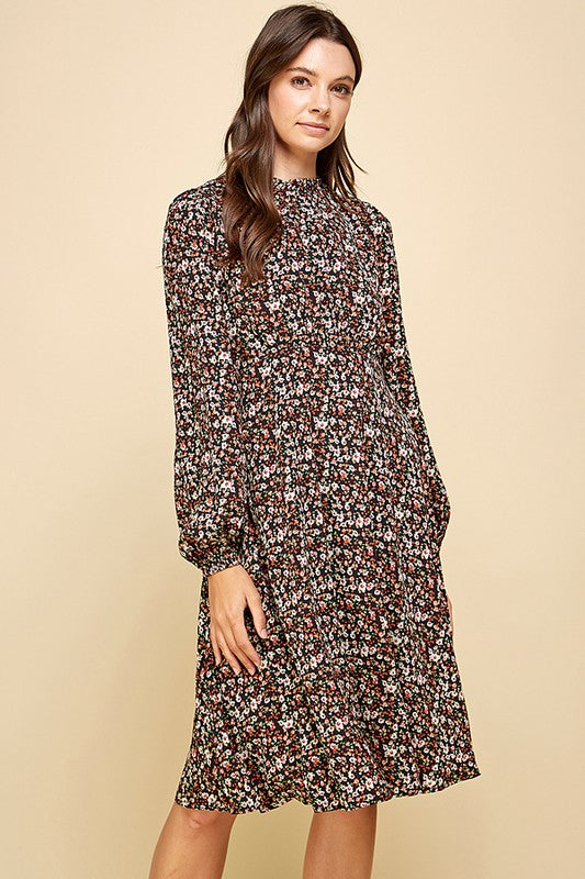 DITSY PRINT MOCK NECK RUFFLED MIDI DRESS