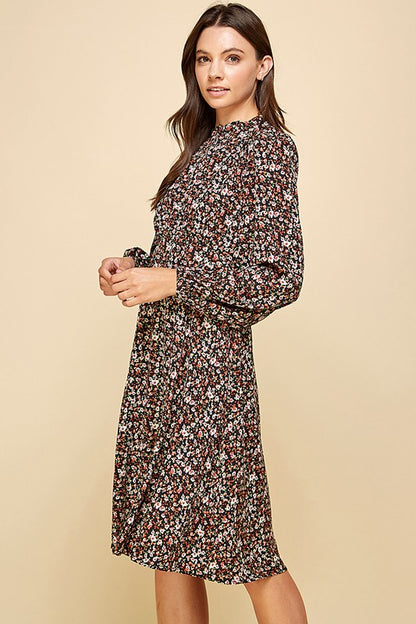 DITSY PRINT MOCK NECK RUFFLED MIDI DRESS