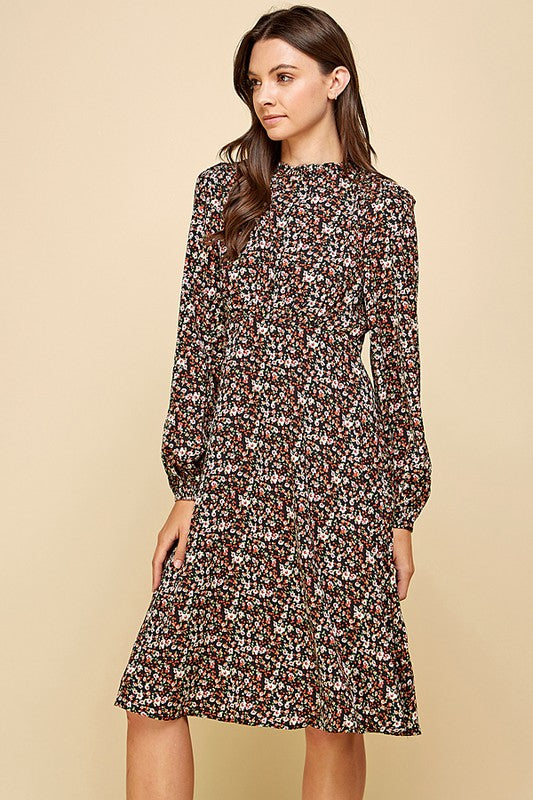 DITSY PRINT MOCK NECK RUFFLED MIDI DRESS