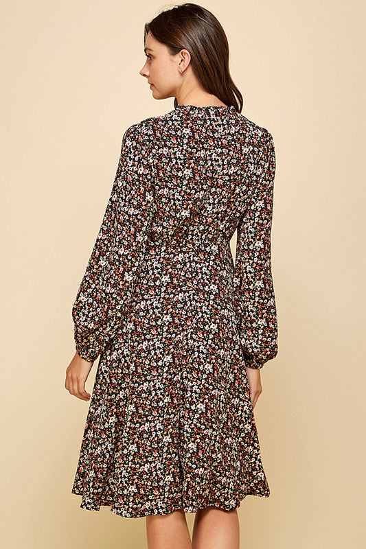 DITSY PRINT MOCK NECK RUFFLED MIDI DRESS