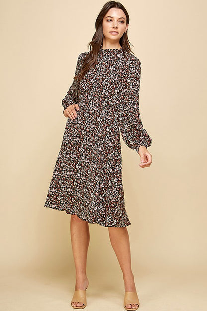 DITSY PRINT MOCK NECK RUFFLED MIDI DRESS