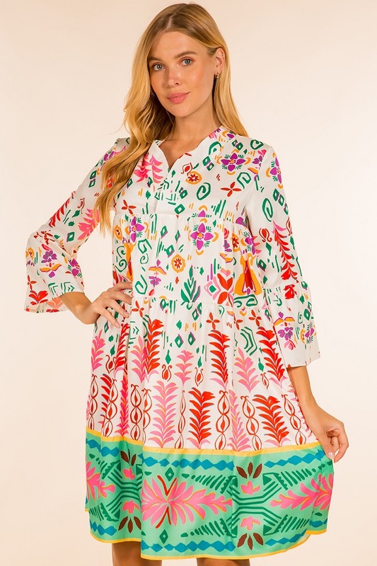 FLORAL PRINT LONG SLEEVE SHORT TUNIC DRESS