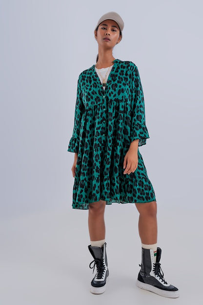 TIERED SMOCK MINI DRESS IN GREEN ANIMAL PRINT