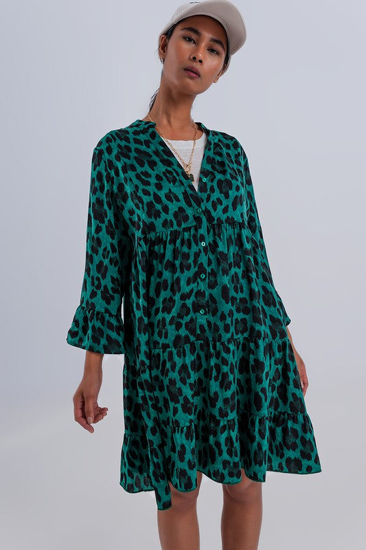 TIERED SMOCK MINI DRESS IN GREEN ANIMAL PRINT