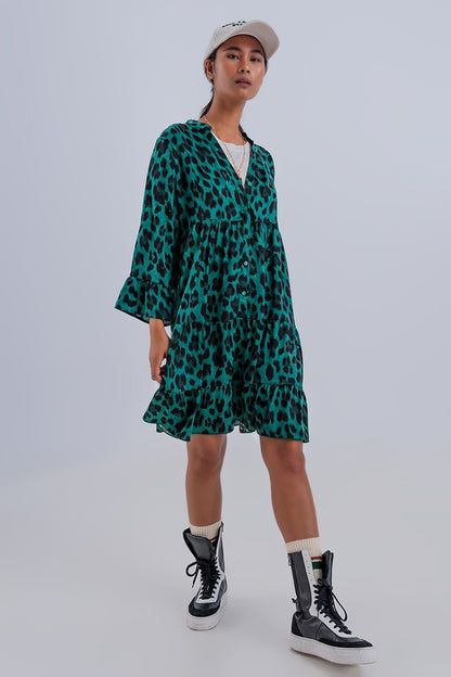 TIERED SMOCK MINI DRESS IN GREEN ANIMAL PRINT