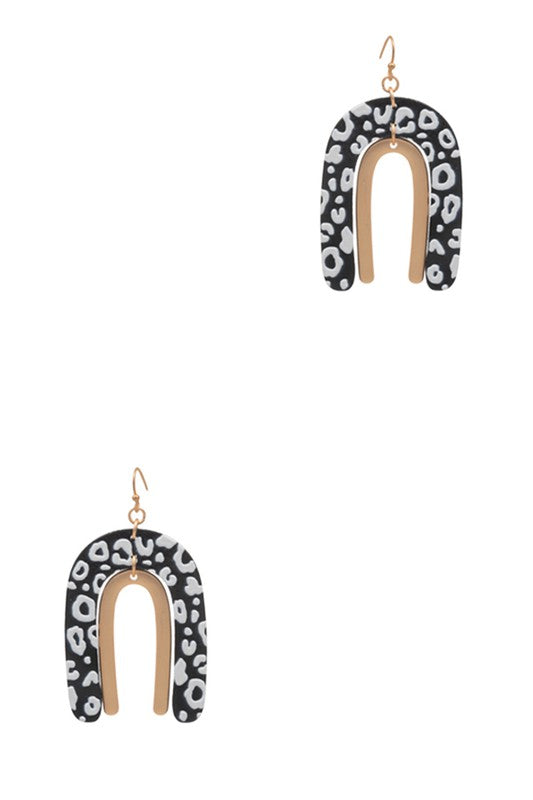 Arched Animal Print Wood Hook Earrings