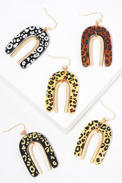 Arched Animal Print Wood Hook Earrings