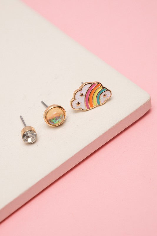 3 Pairs - Kids Rainbow Cloud Stud Earring Set