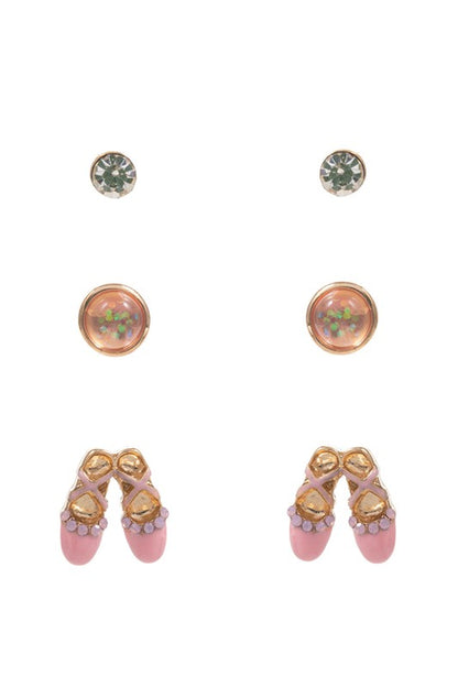 3 Pairs - Kids Ballet Stud Earring Set