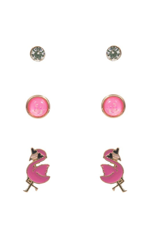 3 Pairs - Kids Flamingo Stud Earring Set