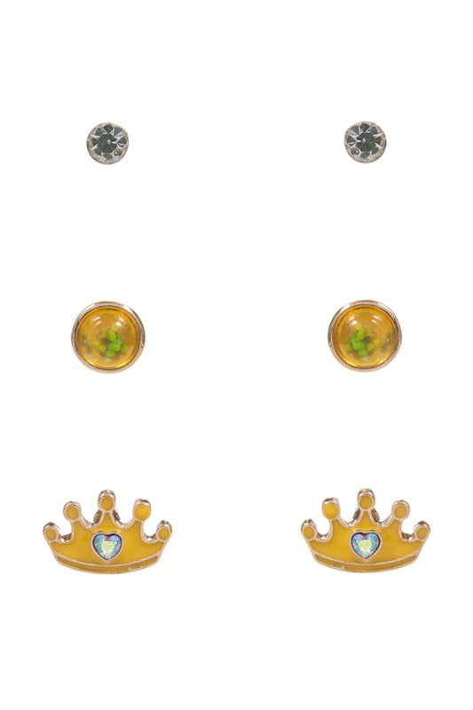 3 Pairs - Kids Crown Stud Earring Set