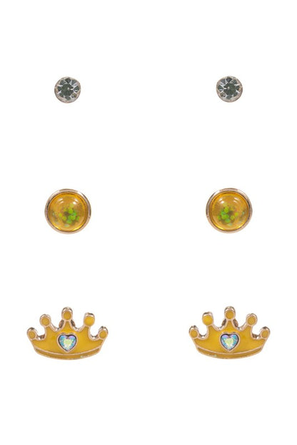 3 Pairs - Kids Crown Stud Earring Set