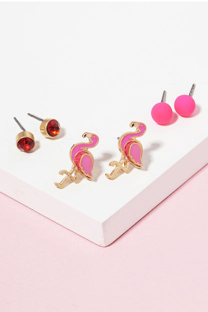 3 Pairs - Kids Flamingo Stud Earring Set