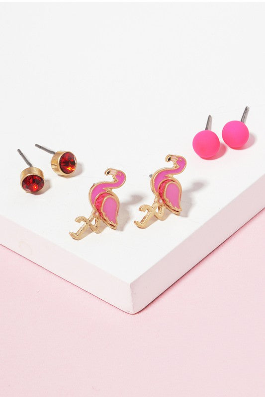 3 Pairs - Kids Flamingo Stud Earring Set