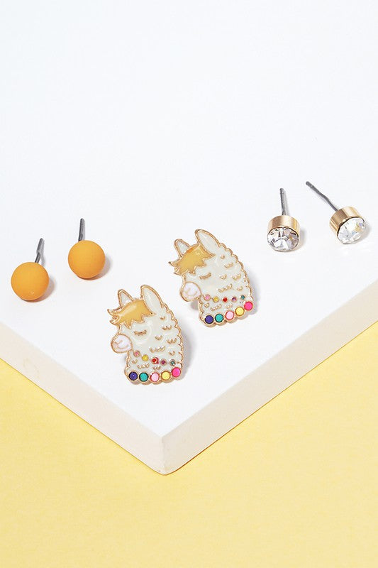 3 Pairs - Kids Llama Stud Earring Set