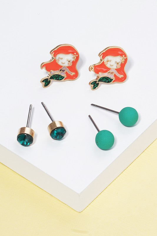 3 Pairs - Kids Mermaid Stud Earring Set