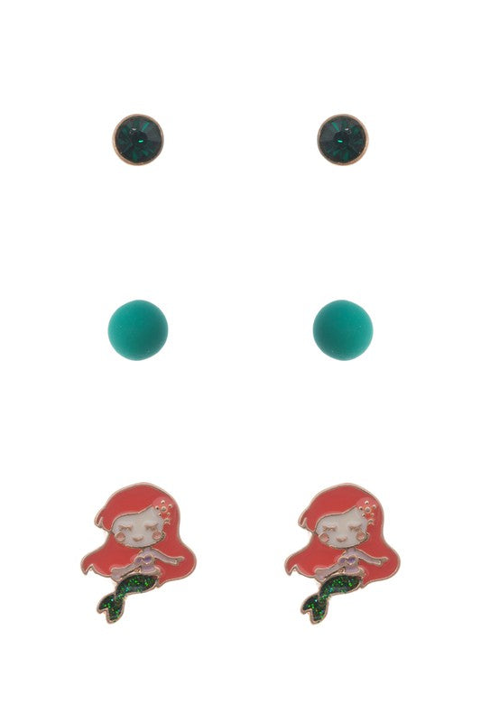 3 Pairs - Kids Mermaid Stud Earring Set