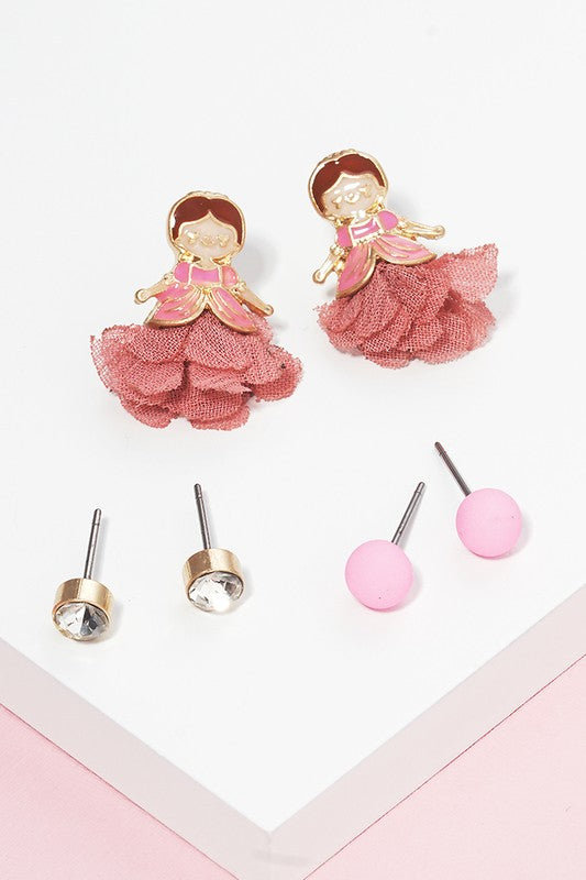 3 Pairs - Kids Princess Stud Earring Set