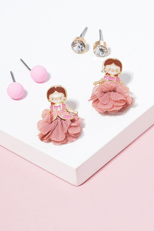 3 Pairs - Kids Princess Stud Earring Set