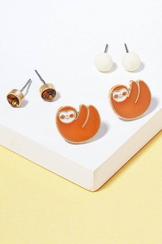 3 Pairs - Kids Sloth Stud Earring Set