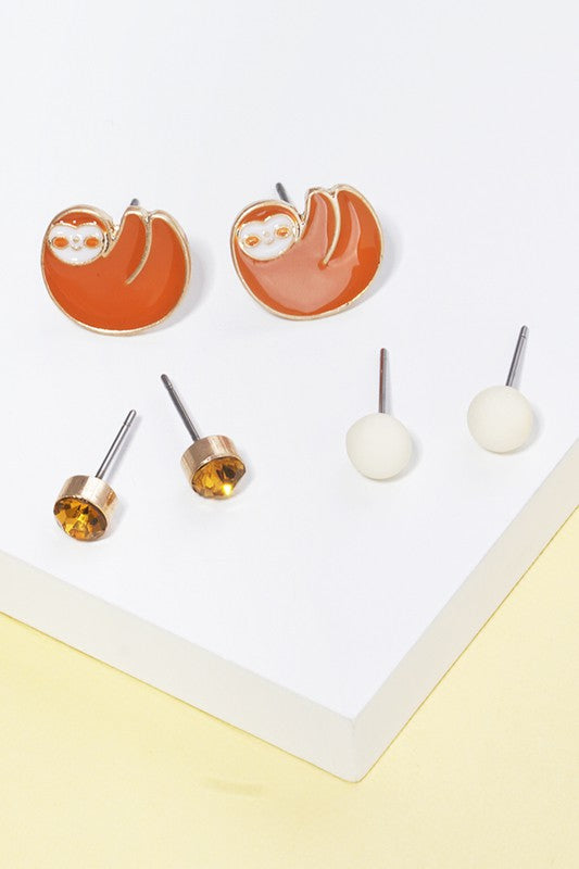 3 Pairs - Kids Sloth Stud Earring Set