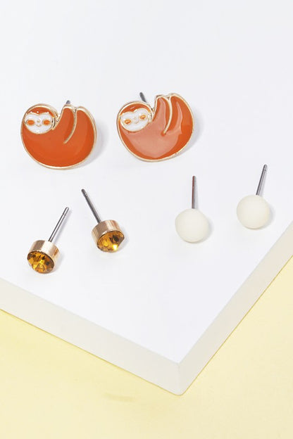 3 Pairs - Kids Sloth Stud Earring Set