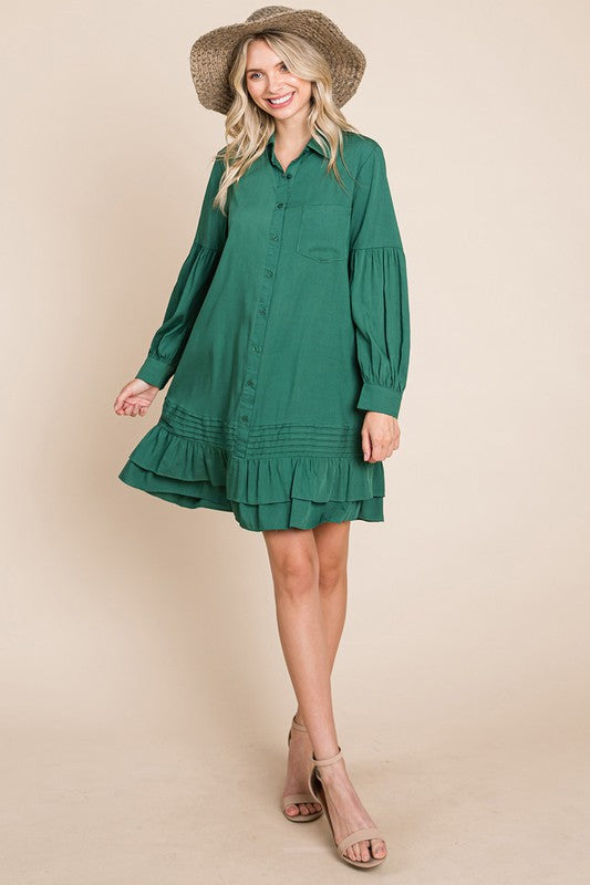 Collared Ruffled Hem Pintucked Shirt Dress