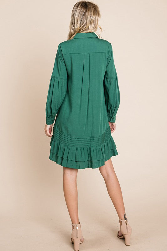 Collared Ruffled Hem Pintucked Shirt Dress